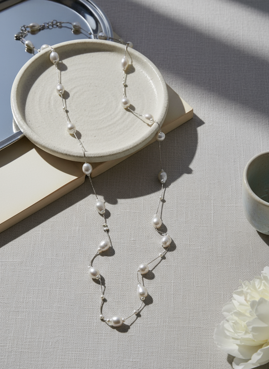 Ατσάλινο μακρύ κολιέ με ακανόνιστες πέρλες και ρυθμιζόμενο κούμπωμα