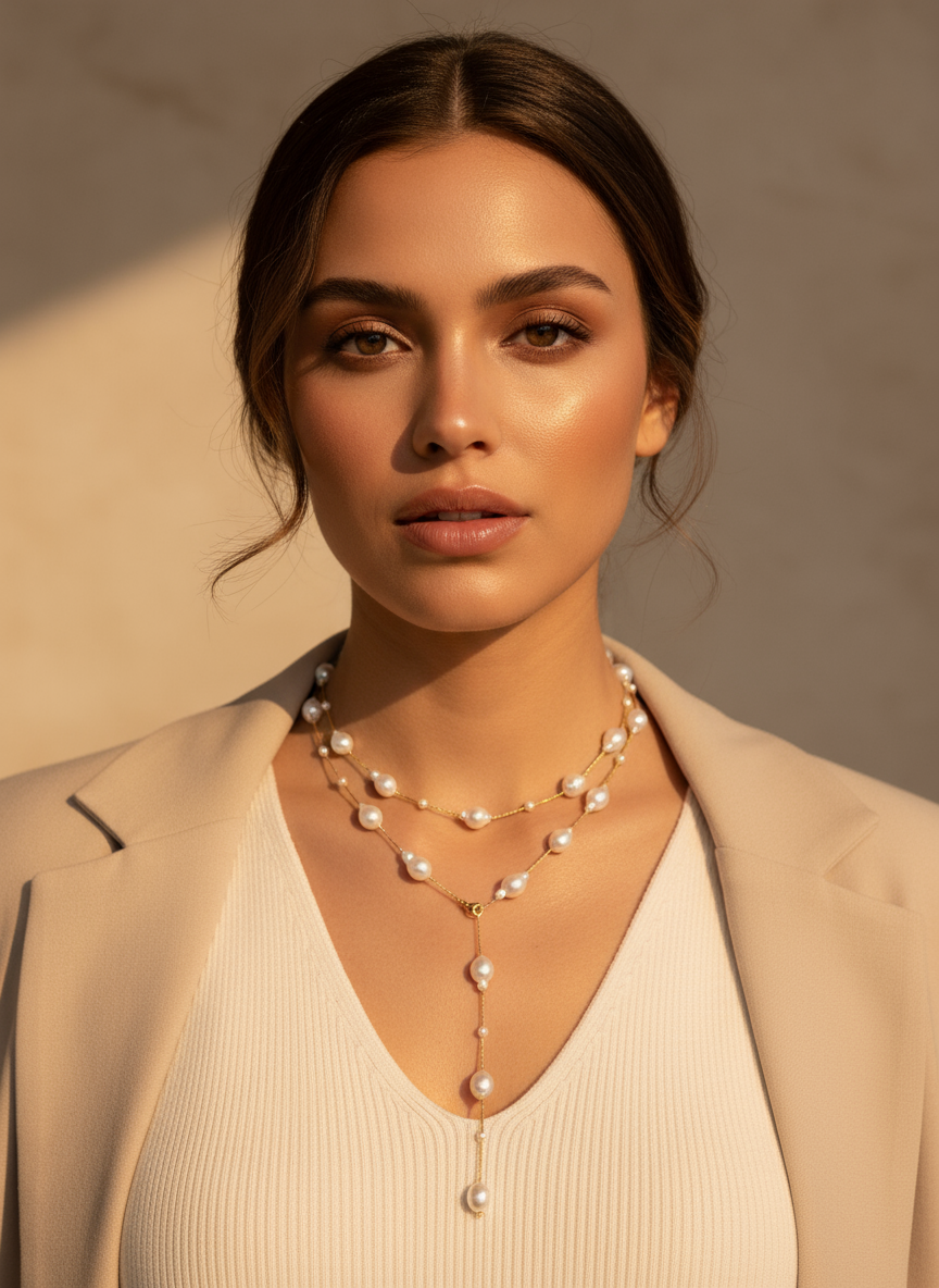 Ατσάλινο μακρύ κολιέ με ακανόνιστες πέρλες και ρυθμιζόμενο κούμπωμα