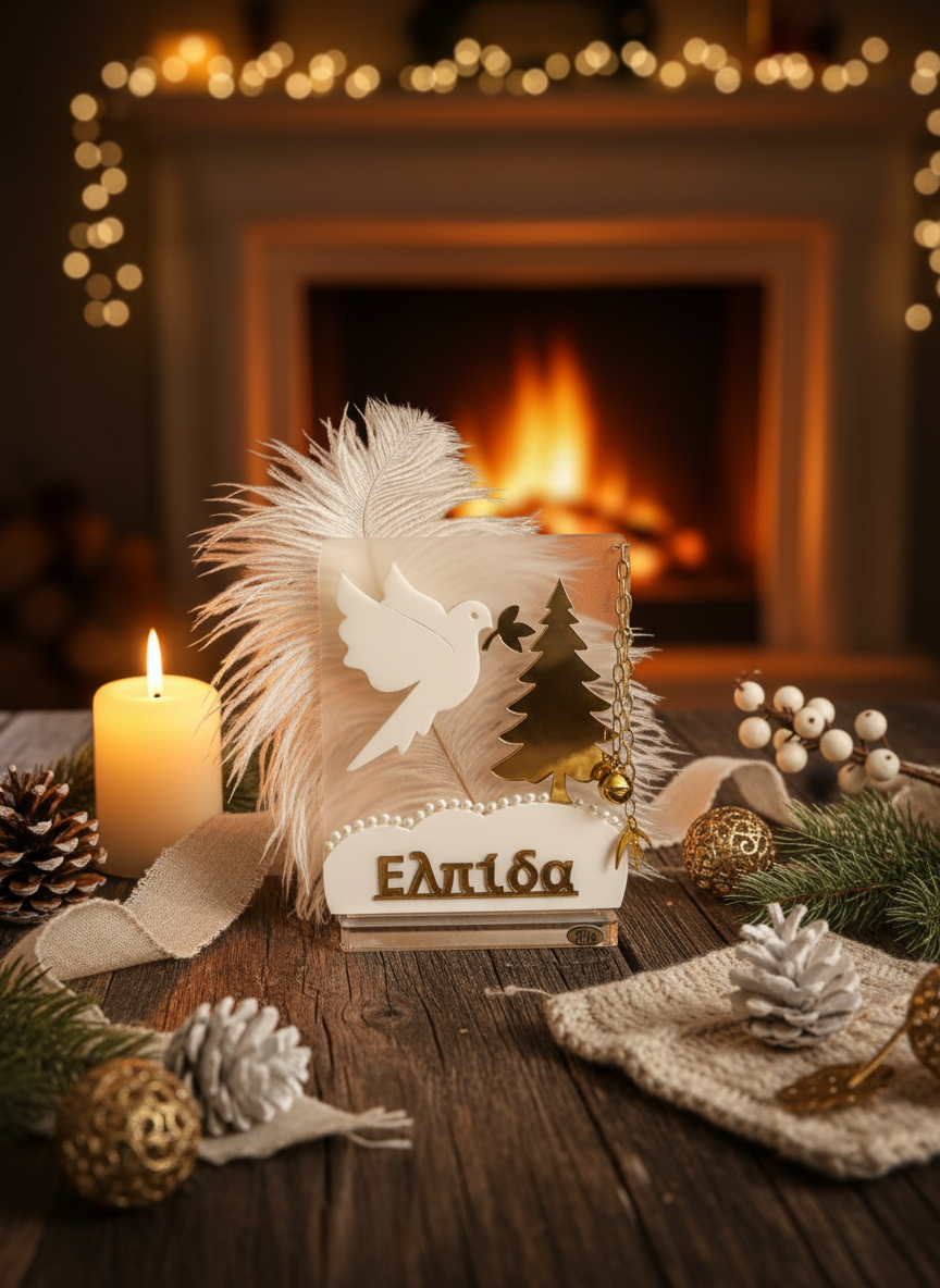 Επιτραπέζιο γούρι «Ελπίδα 2026» με φυσικό φτερό, πέρλες και ατσάλινη αλυσίδα με χελιδόνι & κουδουνάκι – So Cute by Dimi