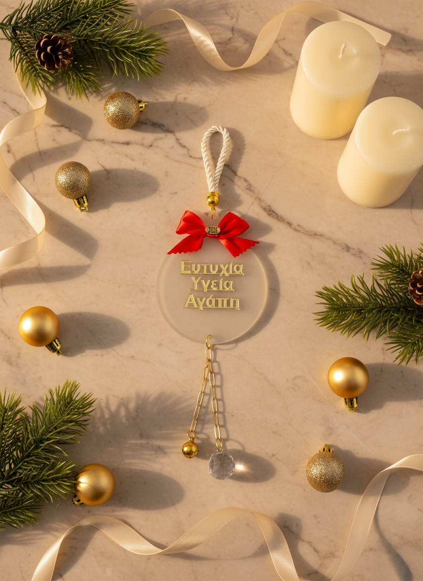 Κρεμαστό γούρι Ευτυχία Υγεία Αγάπη 2026 από plexiglass με κόκκινο φιόγκο, κρυστάλλινη σταγόνα & κουδουνάκι – So Cute by Dimi