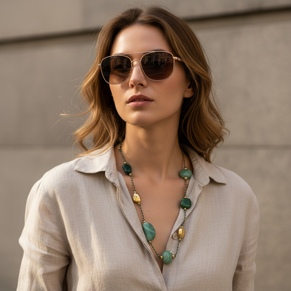 Μακρύ κολιέ με κορδόνι, χάντρες πέτρας και ατσάλινα μεταλλικά στοιχεία – So Cute by Dimi