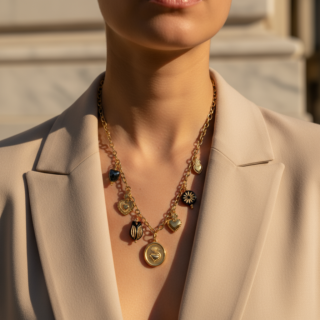 Ατσάλινο κολιέ με χρυσά και μαύρα charms – So Cute by Dimi