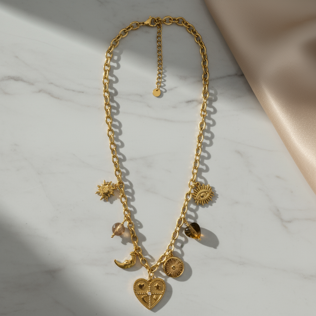 Ατσάλινο κολιέ με charms και χάντρες καφέ– So Cute by Dimi