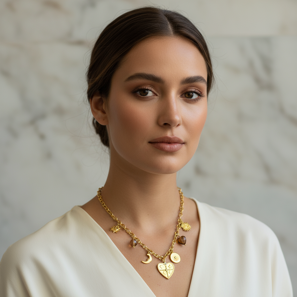 Ατσάλινο κολιέ με charms και χάντρες καφέ – So Cute by Dimi