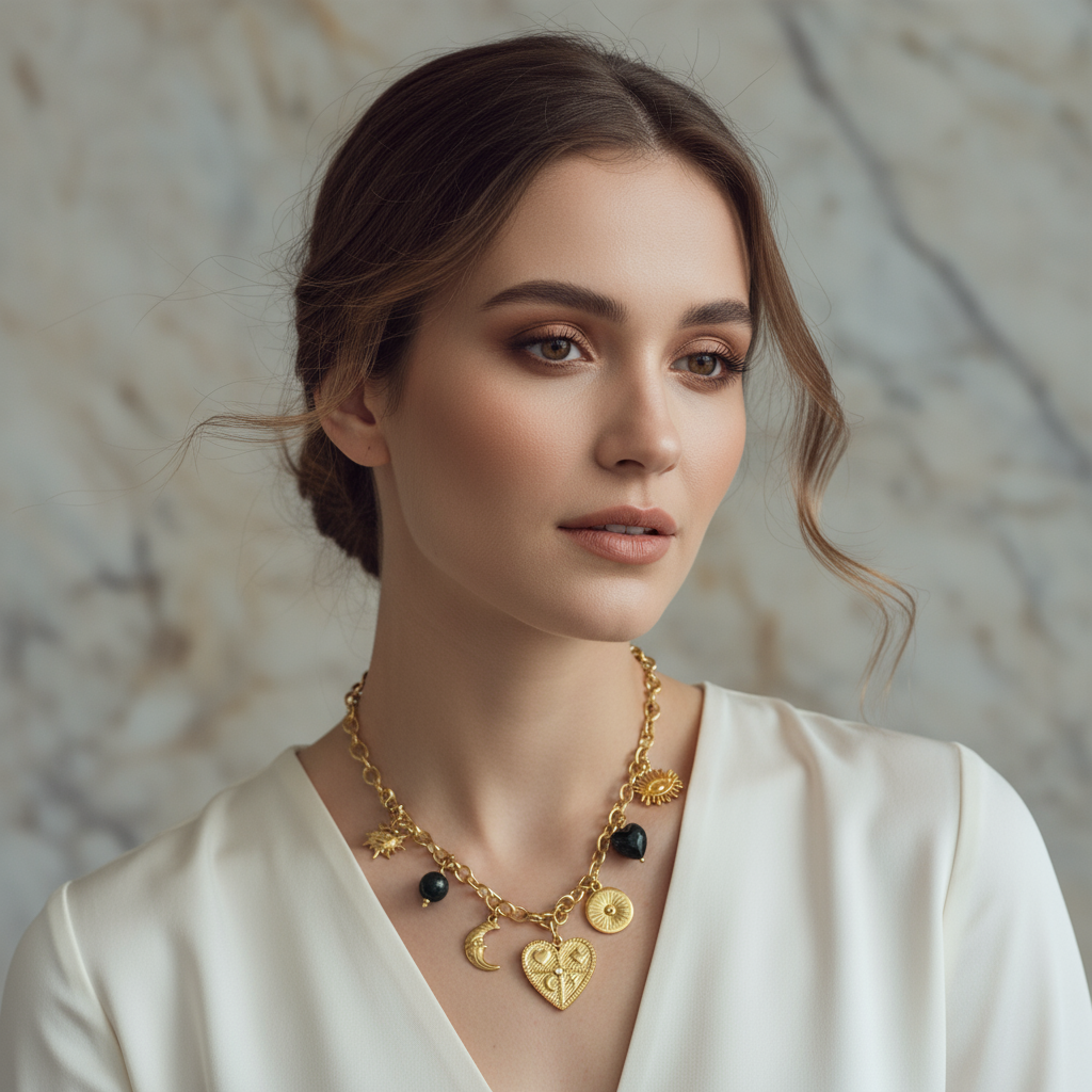 Ατσάλινο κολιέ με charms και χάντρες μαύρο – So Cute by Dimi