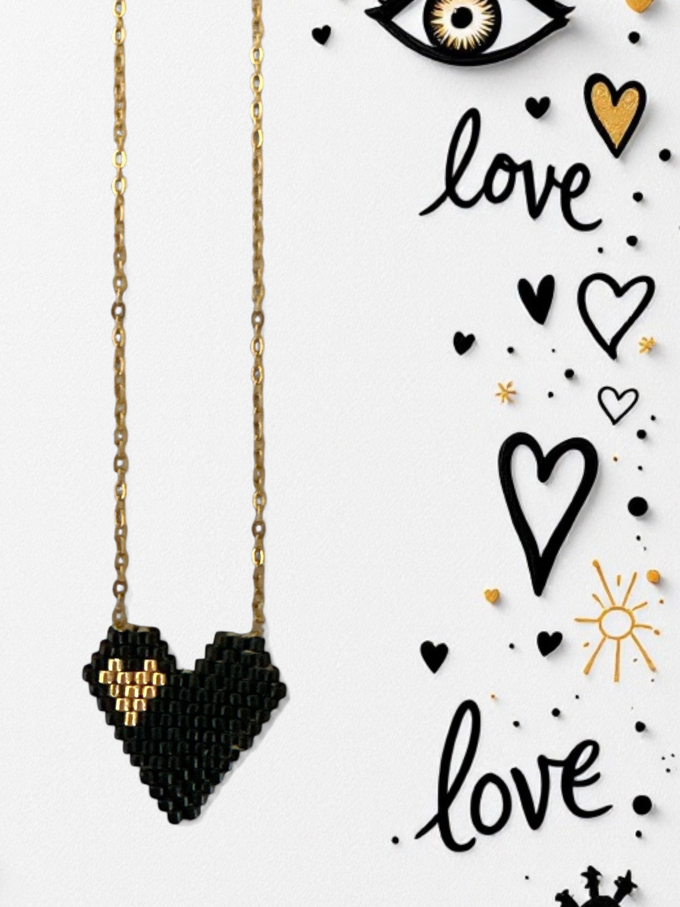 Black & Gold Heart ατσάλινο κολιέ Miyuki με μαύρη καρδιά και χρυσή λεπτομέρεια – So Cute by Dimi