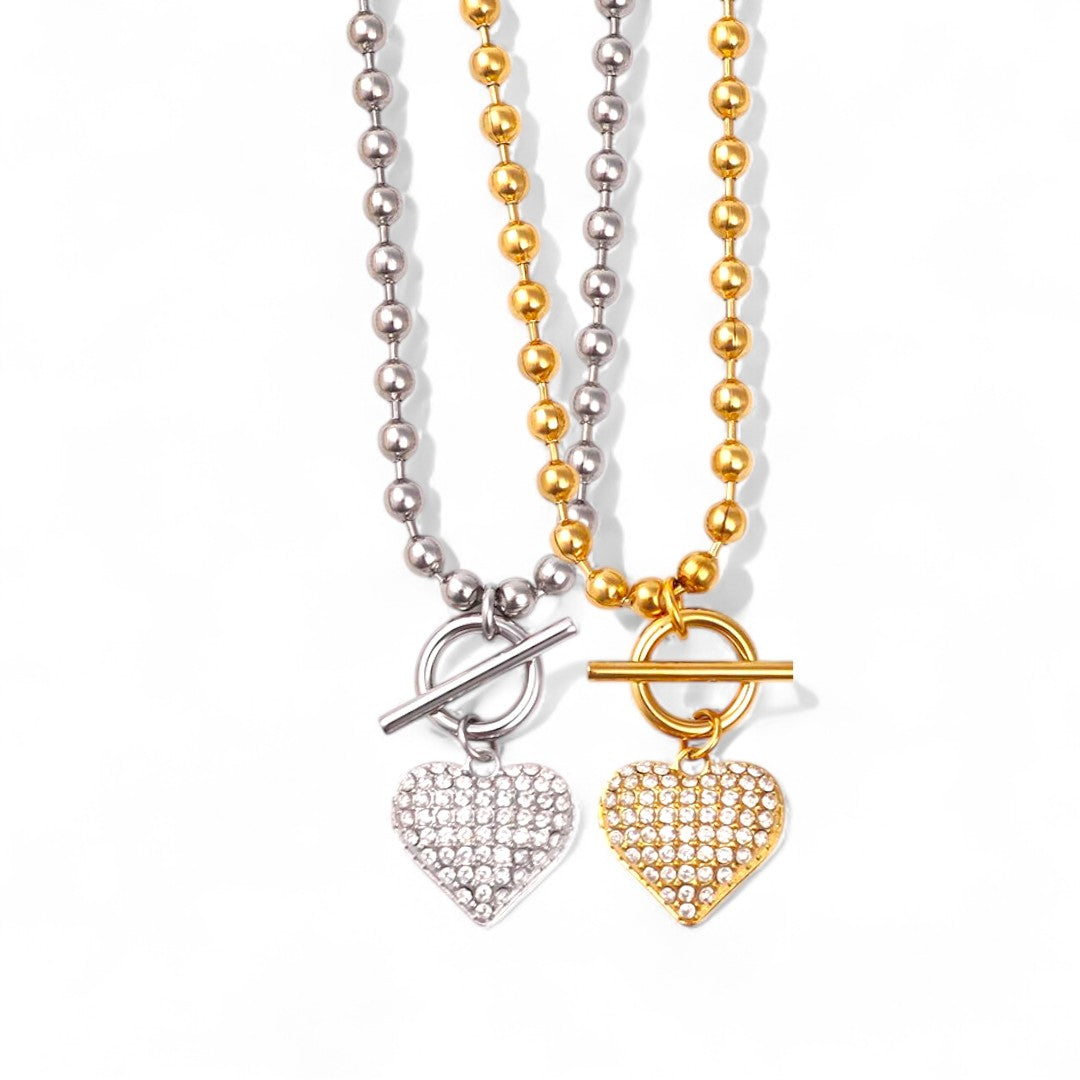 Ατσάλινο κολιέ Beaded Heart με στρας σε χρυσό και ασημί