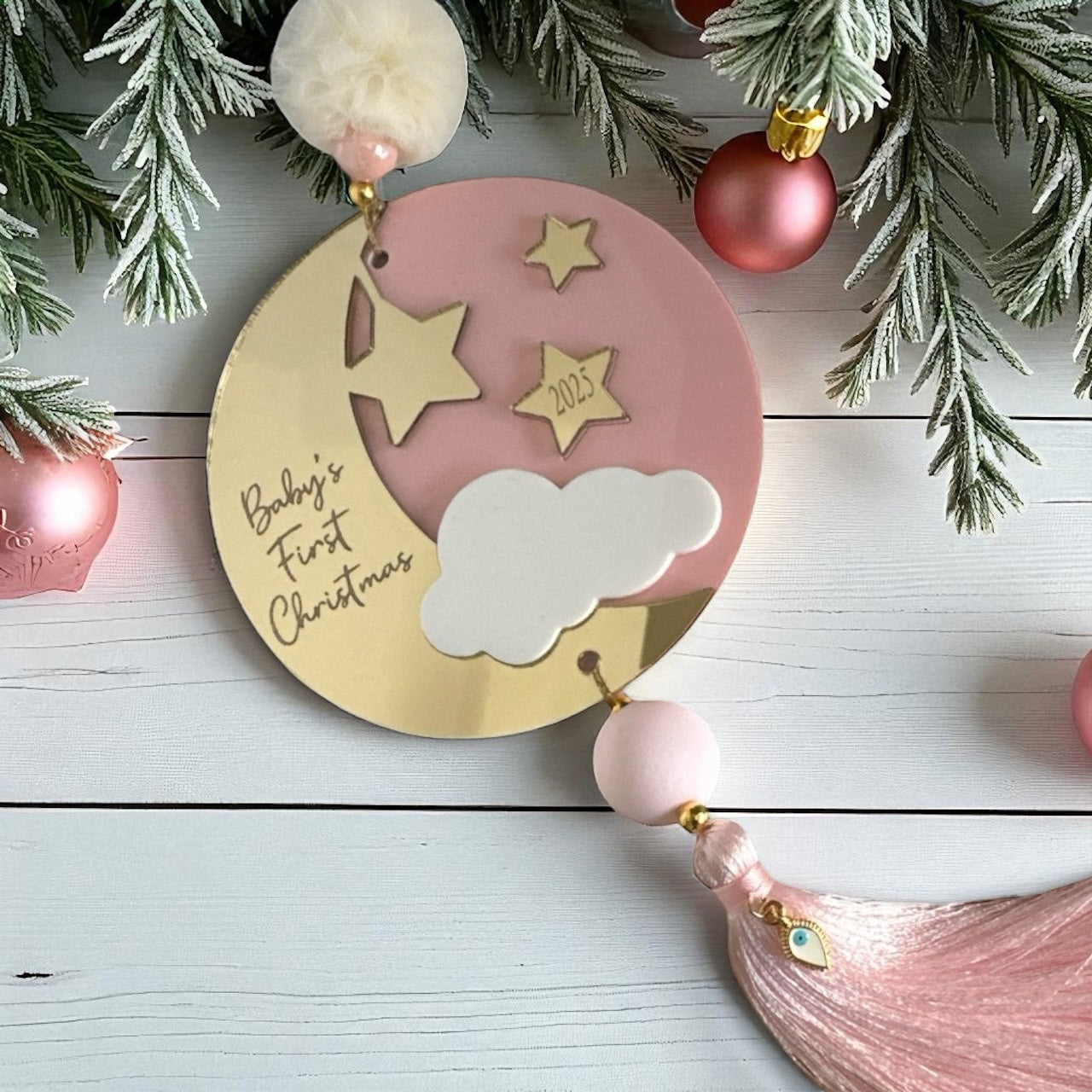 Γούρι Baby’s First Christmas plexiglass ροζ  με φούντα – So Cute by Dimi