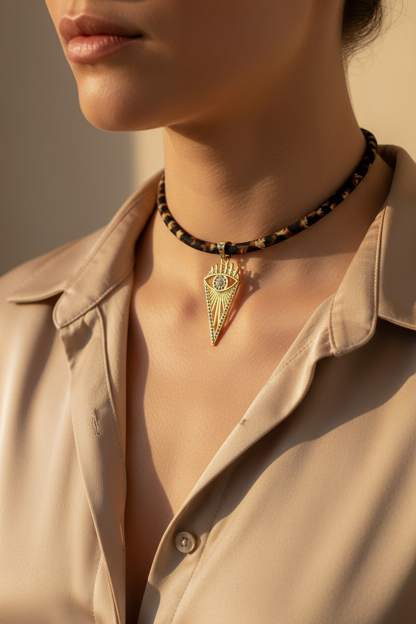 Χειροποίητο κολιέ με λεοπάρ κορδόνι και επίχρυσο eye στοιχείο με ζιργκόν So Cute by DImi