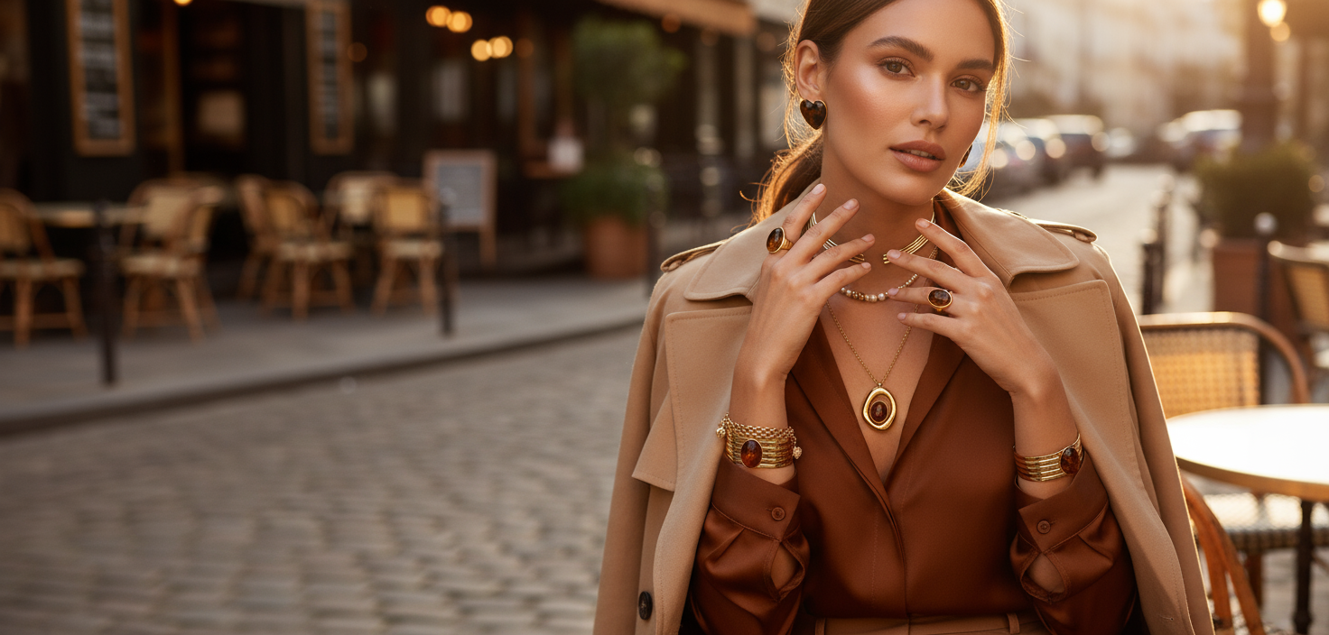 Woman in a brown coat standing on a street with outdoor seating in the background