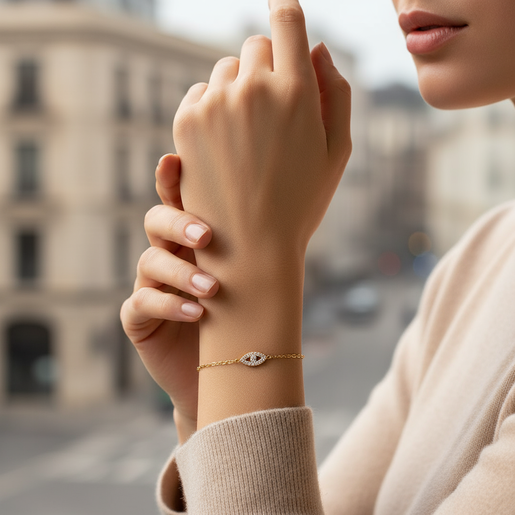 Βραχιόλι από ατσάλι με μάτι και λευκά ζιργκόν σε χρυσό – So Cute by Dimi