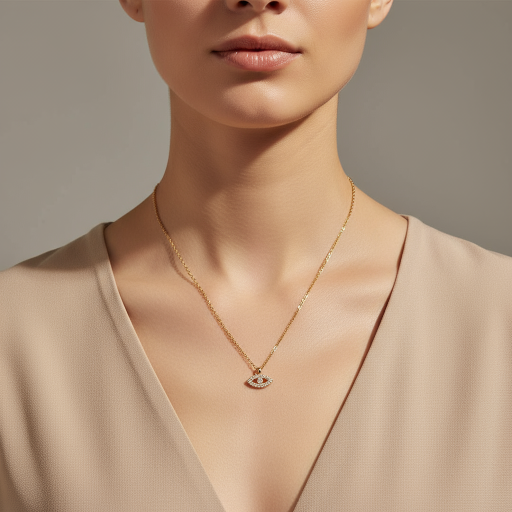 Κολιέ από ατσάλι με μάτι και λευκά ζιργκόν σε χρυσό – So Cute by Dimi