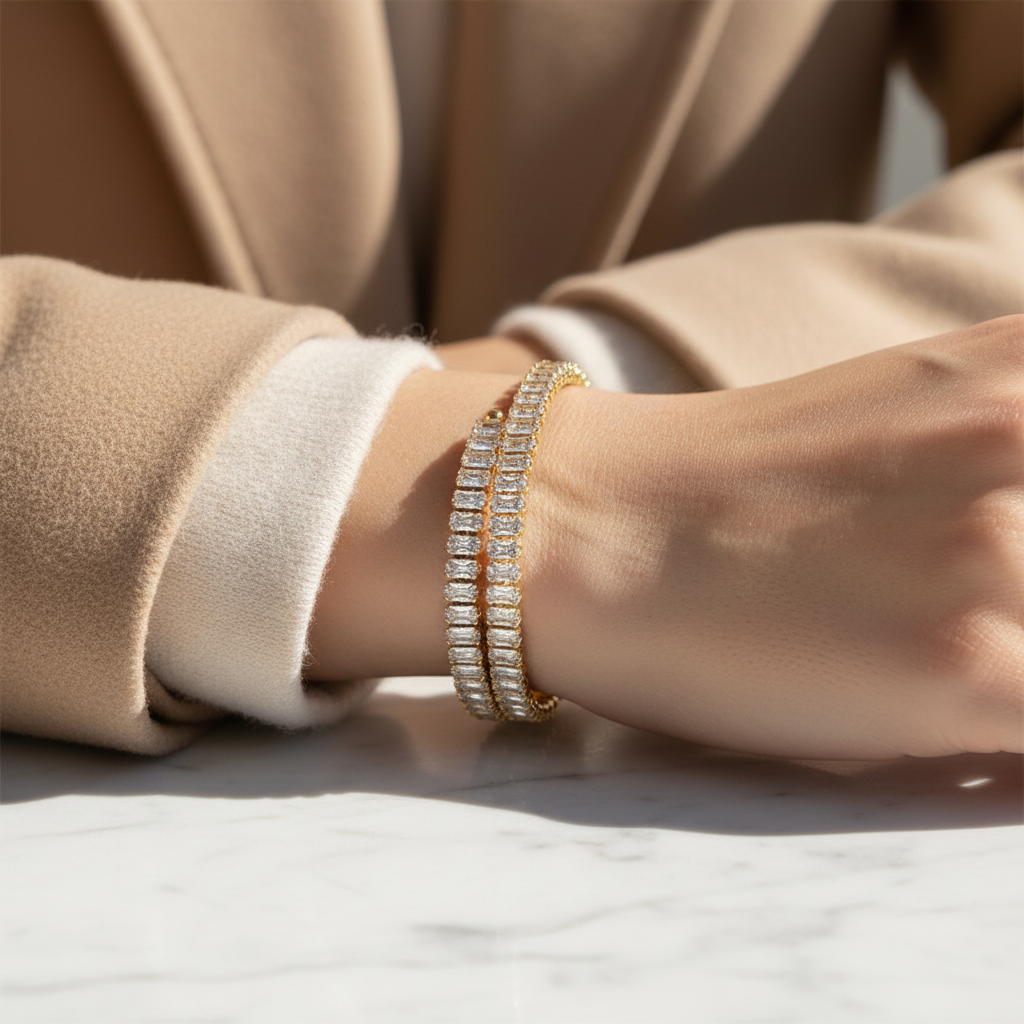 Radiant Rows Bracelet in gold and silver with double row baguette zircon stones – stainless steel.