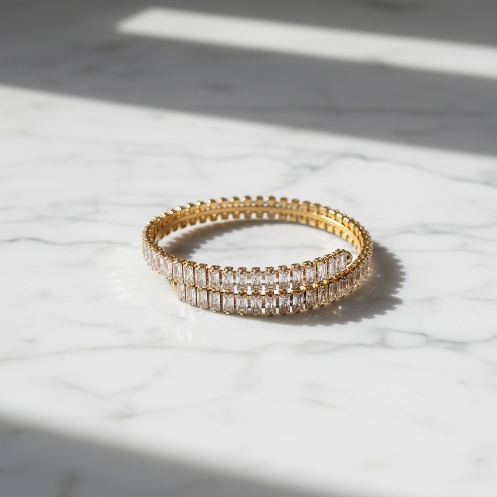 Radiant Rows Bracelet in gold and silver with double row baguette zircon stones – stainless steel.