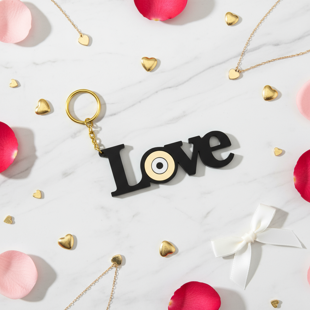 Χειροποίητο μπρελόκ LOVE από μαύρο plexiglass με μάτι σε χρυσό καθρέφτη – So Cute by Dimi