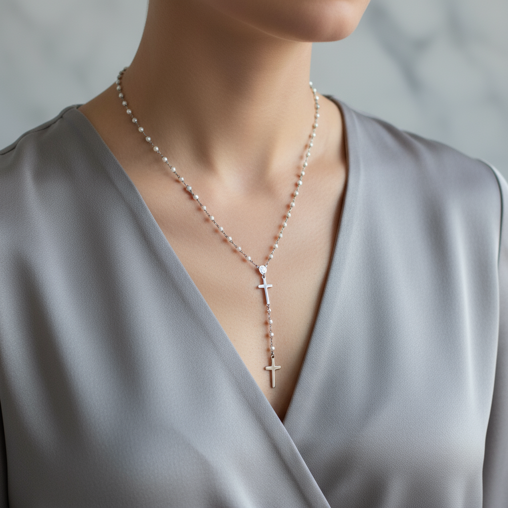 Ατσάλινο κολιέ Cross & Pearls με σταυρούς και πέρλες 2 mm, Y σχήμα 42 + 7,5 εκ. – So Cute by Dimi