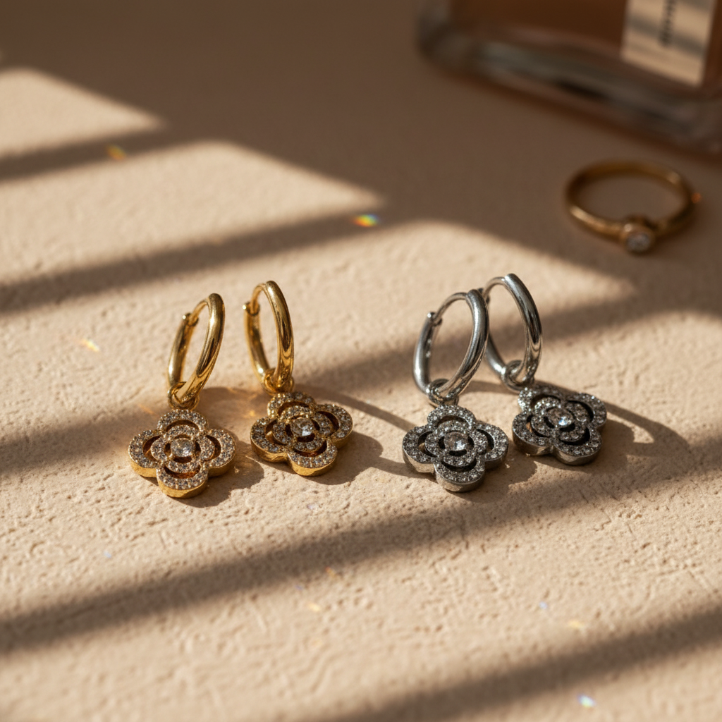 Ατσάλινα σκουλαρίκια τετράφυλλο με ζιργκόν σε χρυσό και ασημί – So Cute by Dimi