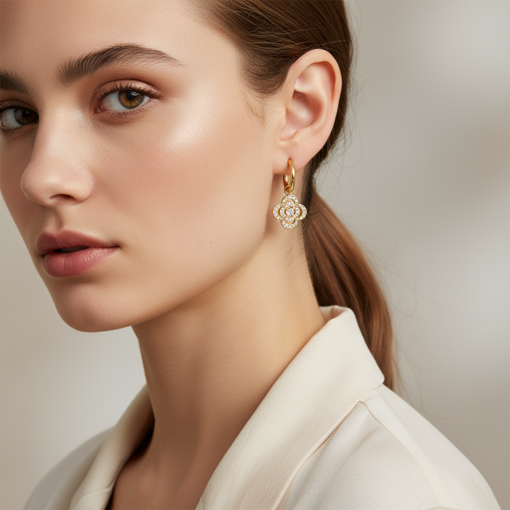 Ατσάλινα σκουλαρίκια τετράφυλλο με ζιργκόν σε χρυσό – So Cute by Dimi