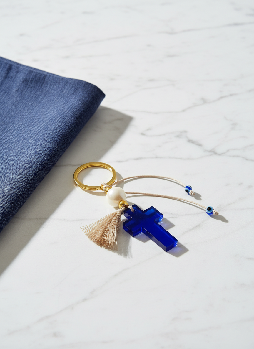 Μπρελόκ με μπλε ακρυλικό σταυρό, χρυσό κρίκο και φουντάκι σε flatlay λήψη πάνω σε λευκό μάρμαρο και μπλε ύφασμα.