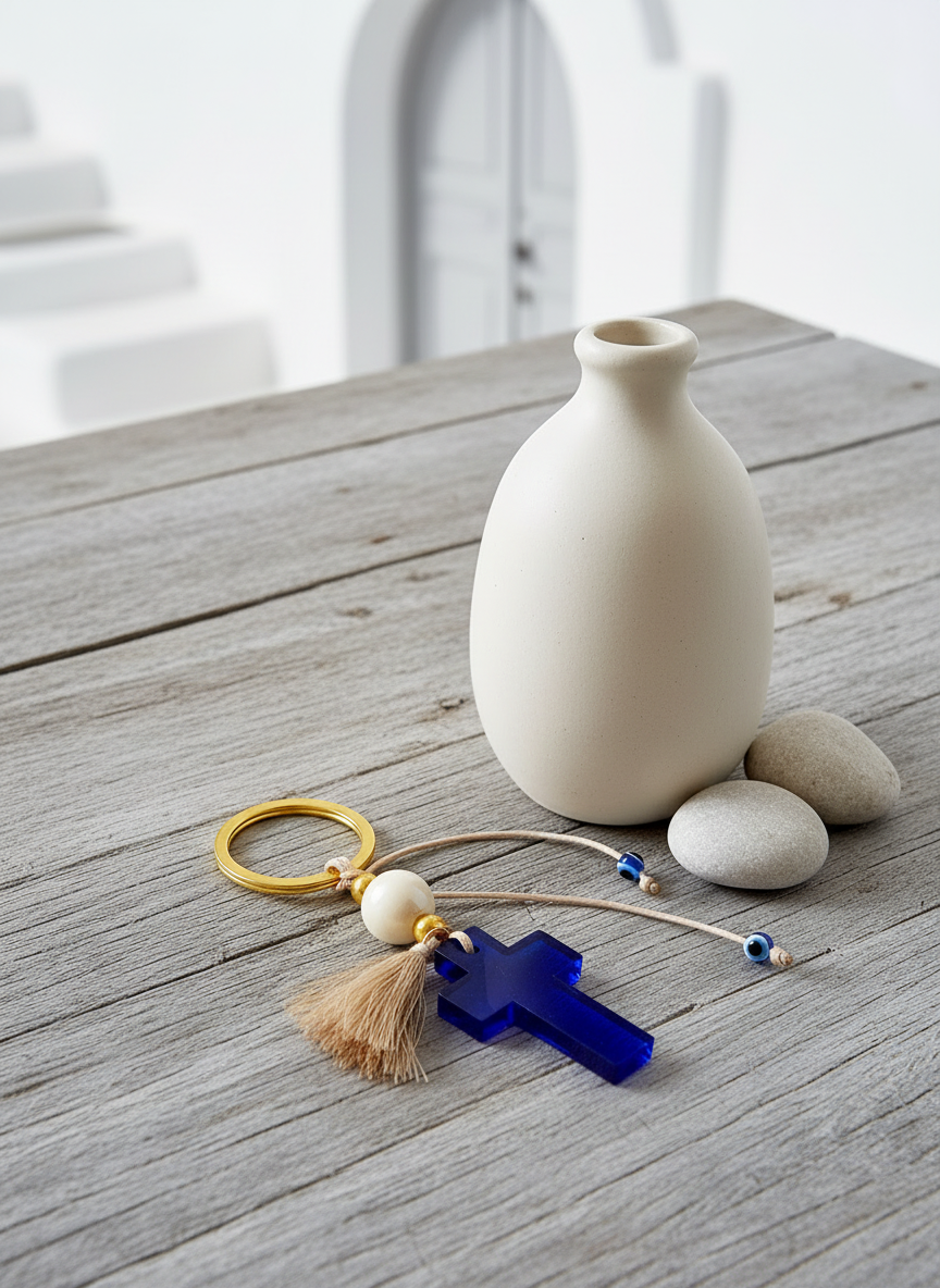 Μπρελόκ με μπλε ακρυλικό σταυρό και χρυσό κρίκο, τοποθετημένο σε ξύλινο τραπέζι δίπλα σε κεραμικό βάζο και λευκές πέτρες.