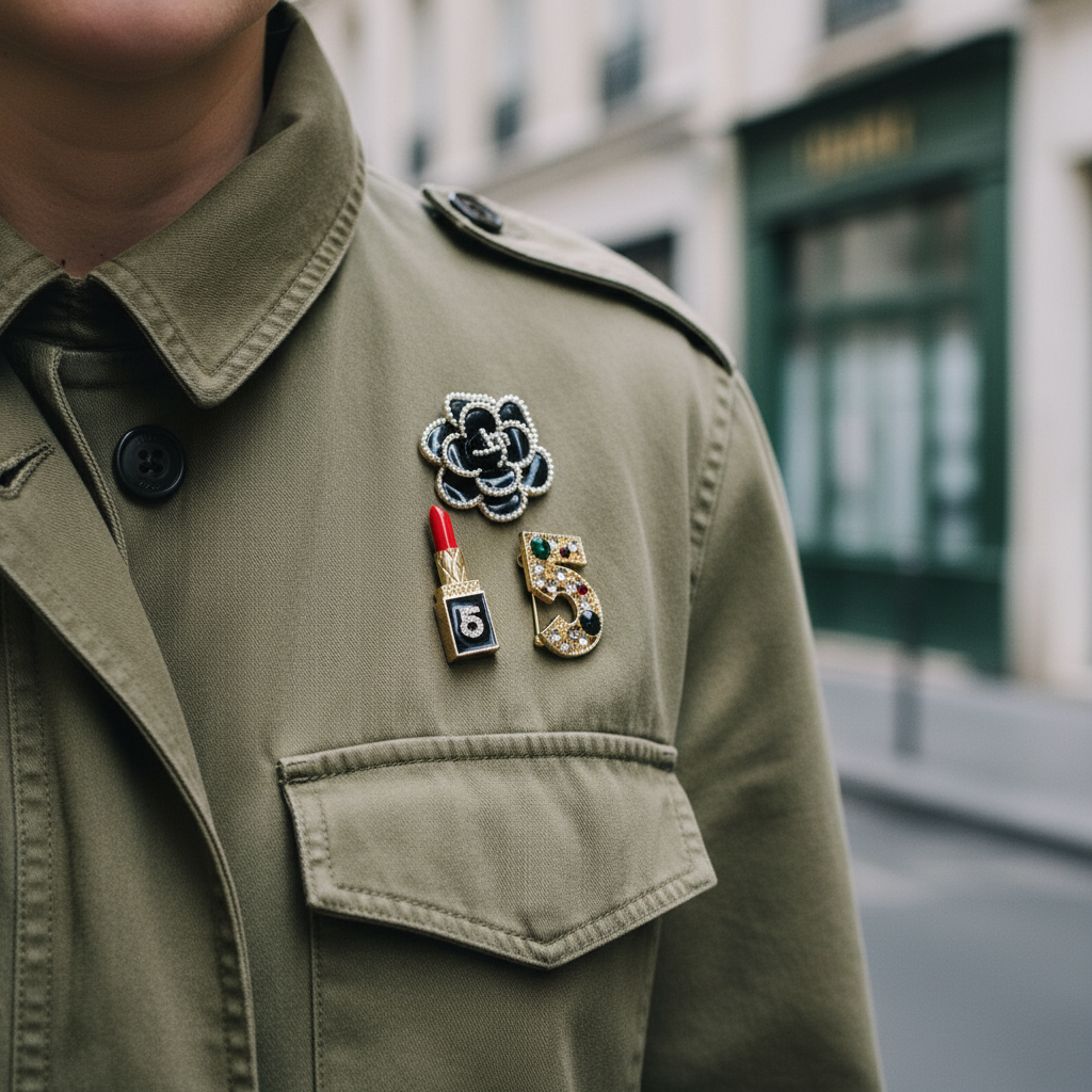 Set από τρεις mini fashion καρφίτσες – μαύρη καμέλια, κόκκινο lipstick και χρυσό νούμερο 5 – σε girly glam αισθητική