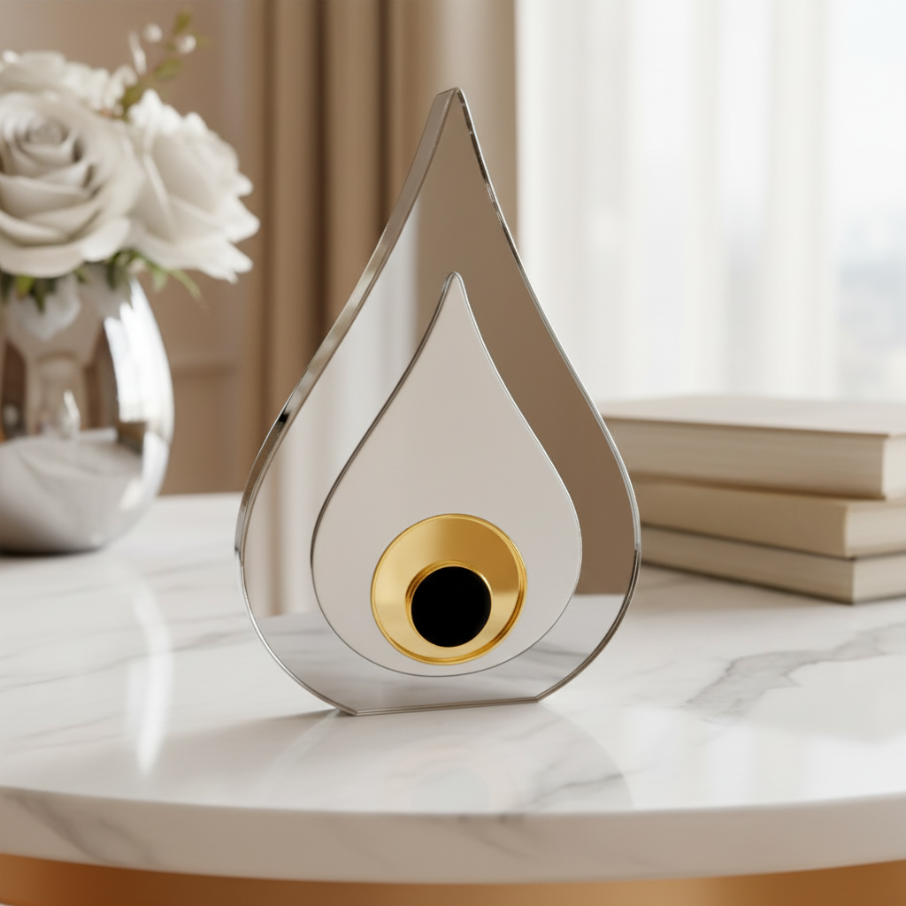 Επιτραπέζιο γούρι μάτι από plexiglass καθρέφτη και λευκό plexi, σε δύο χρώματα, φωτογραφημένο σε πολυτελές interior styling