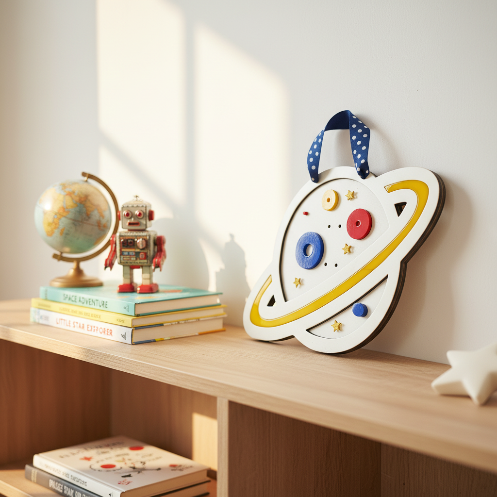 Handmade wooden planet wall frame 24×35 cm with colorful plexiglass details, space-themed kids decor – So Cute by Dimi.