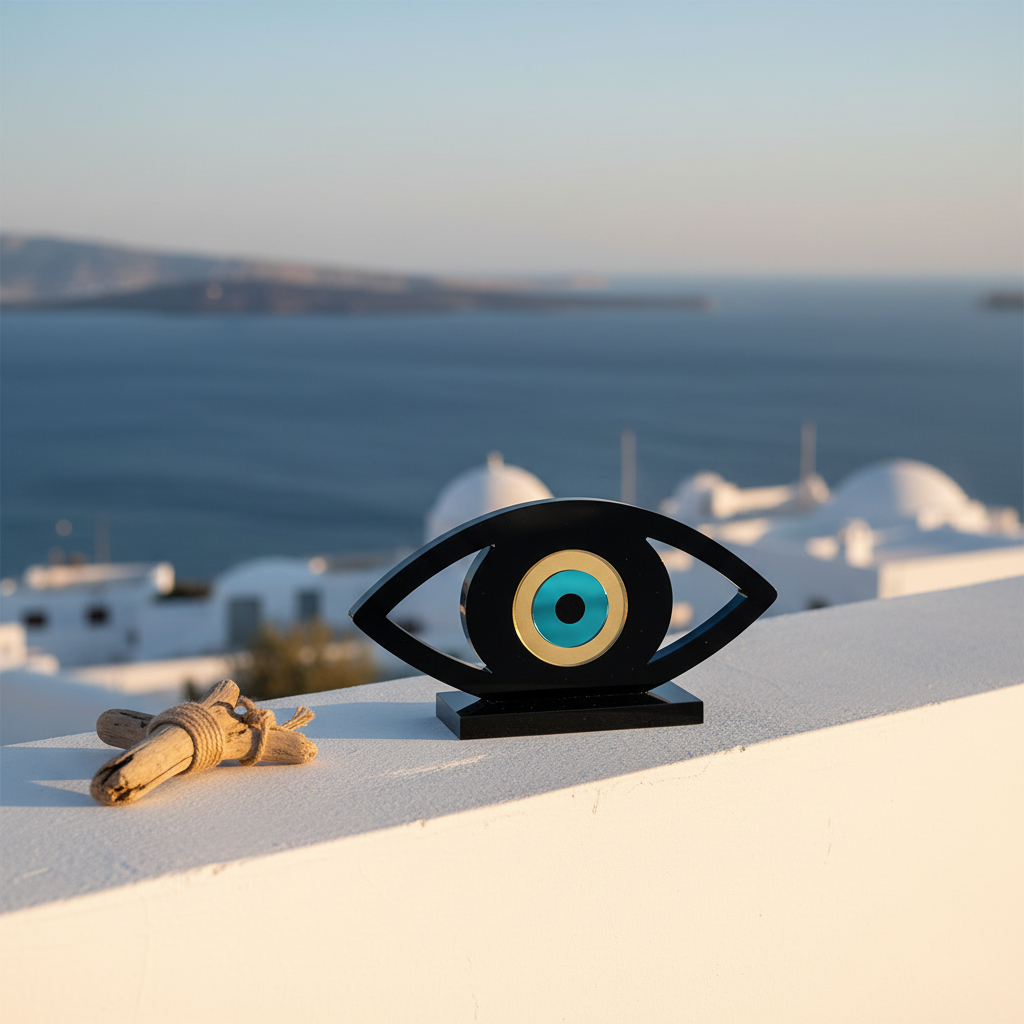 Επιτραπέζιο γούρι μάτι από διάφανο plexiglass με χρωματιστό κεντρικό μάτι πάνω σε λευκό minimal φόντο – So Cute by Dimi