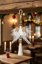 Χειροποίητο γούρι άγγελος με ξύλο, λευκό plexiglass, στρας και λευκή φούντα – So Cute by Dimi