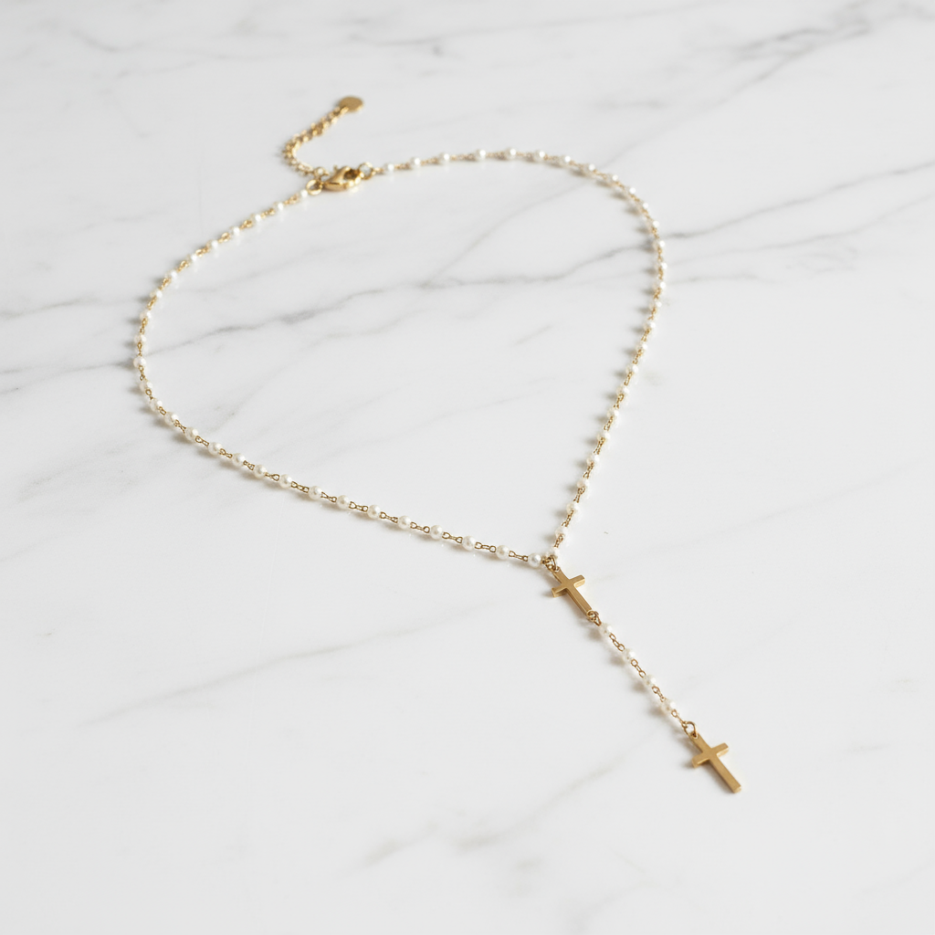 Ατσάλινο κολιέ Cross & Pearls με σταυρούς και πέρλες 2 mm, Y σχήμα 42 + 7,5 εκ. – So Cute by Dimi