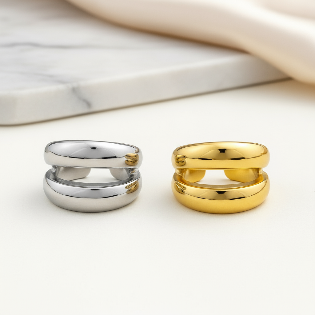 Ατσάλινο δαχτυλίδι με διπλή μπάρα σε χρυσό και ασημί – So Cute by Dimi