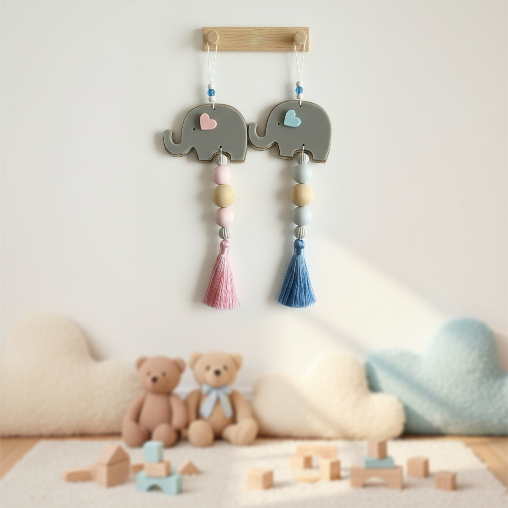 Handmade baby elephant hanging charm with wooden beads, pastel heart and tassel – newborn gift.