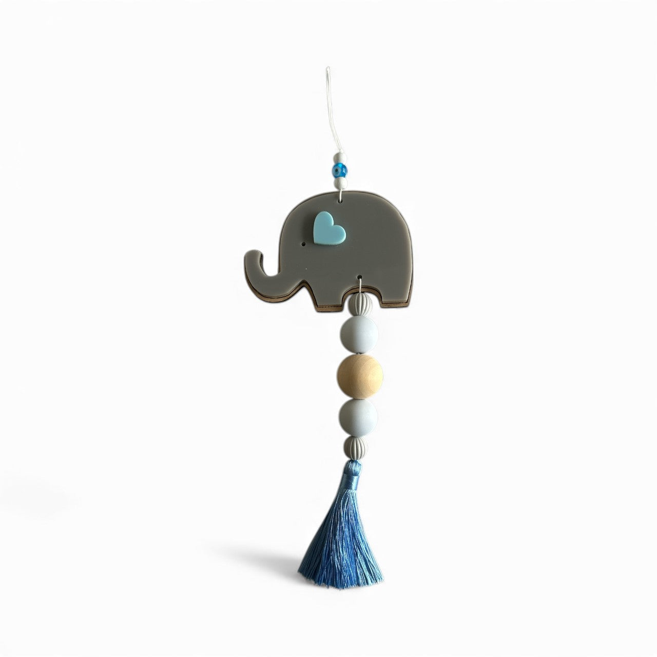 Handmade baby elephant hanging charm with wooden beads, pastel heart and tassel – newborn gift.