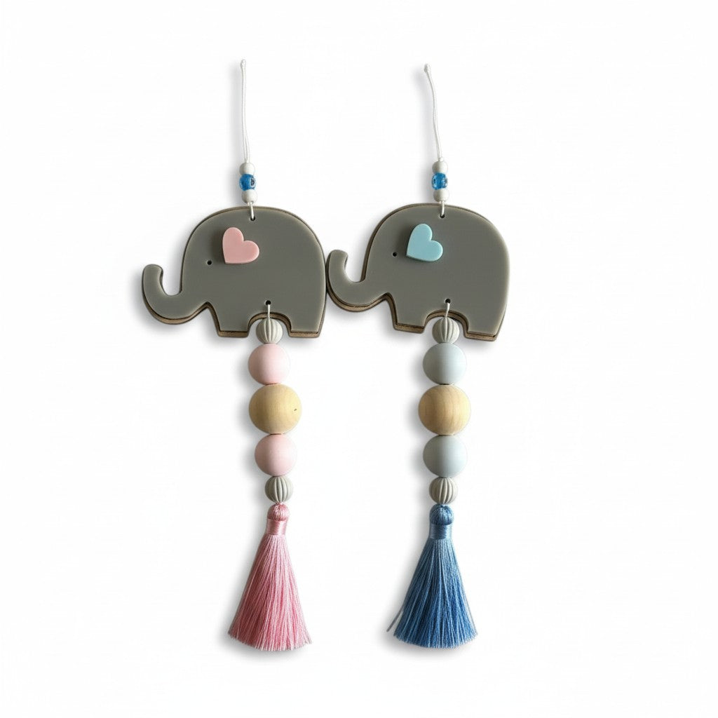 Handmade baby elephant hanging charm with wooden beads, pastel heart and tassel – newborn gift.