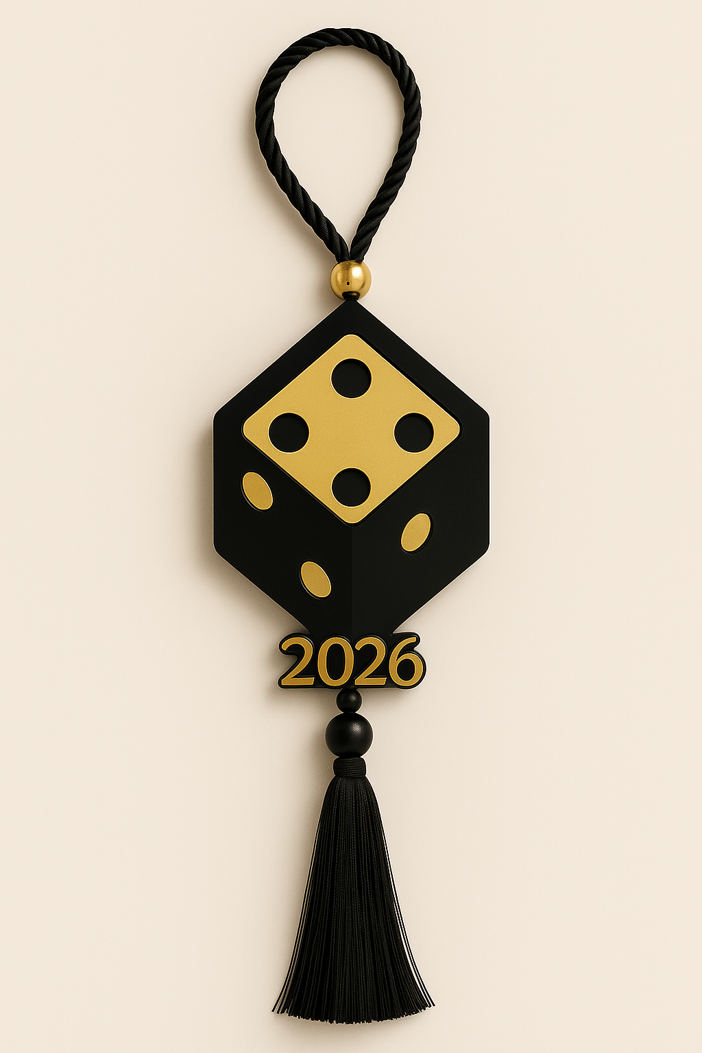 Plexiglass γούρι ζάρι Symbolic Luxe 2026 μαύρο-χρυσό ή λευκό-χρυσό με φούντα — So Cute by Dimi