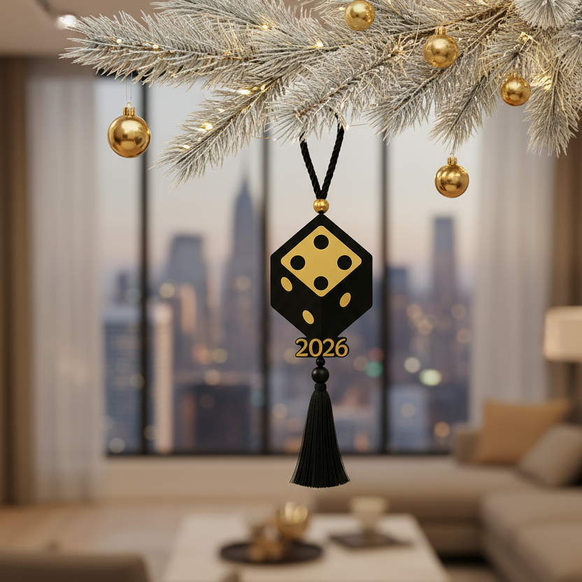 Plexiglass γούρι ζάρι Symbolic Luxe 2026 μαύρο-χρυσό ή λευκό-χρυσό με φούντα — So Cute by Dimi