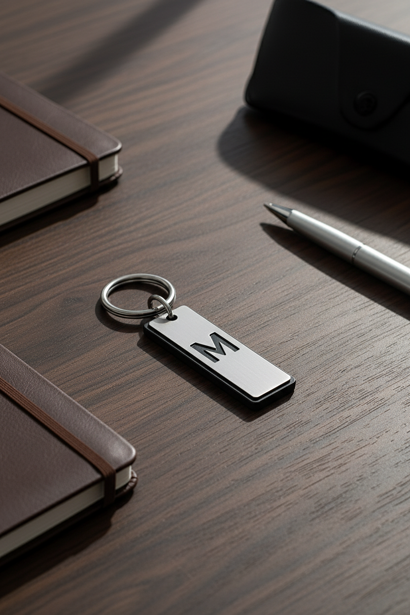Premium ανδρικό μπρελόκ με μονόγραμμα, διπλό layer μαύρο plexi και ασημί matte mirror – So Cute by Dimi