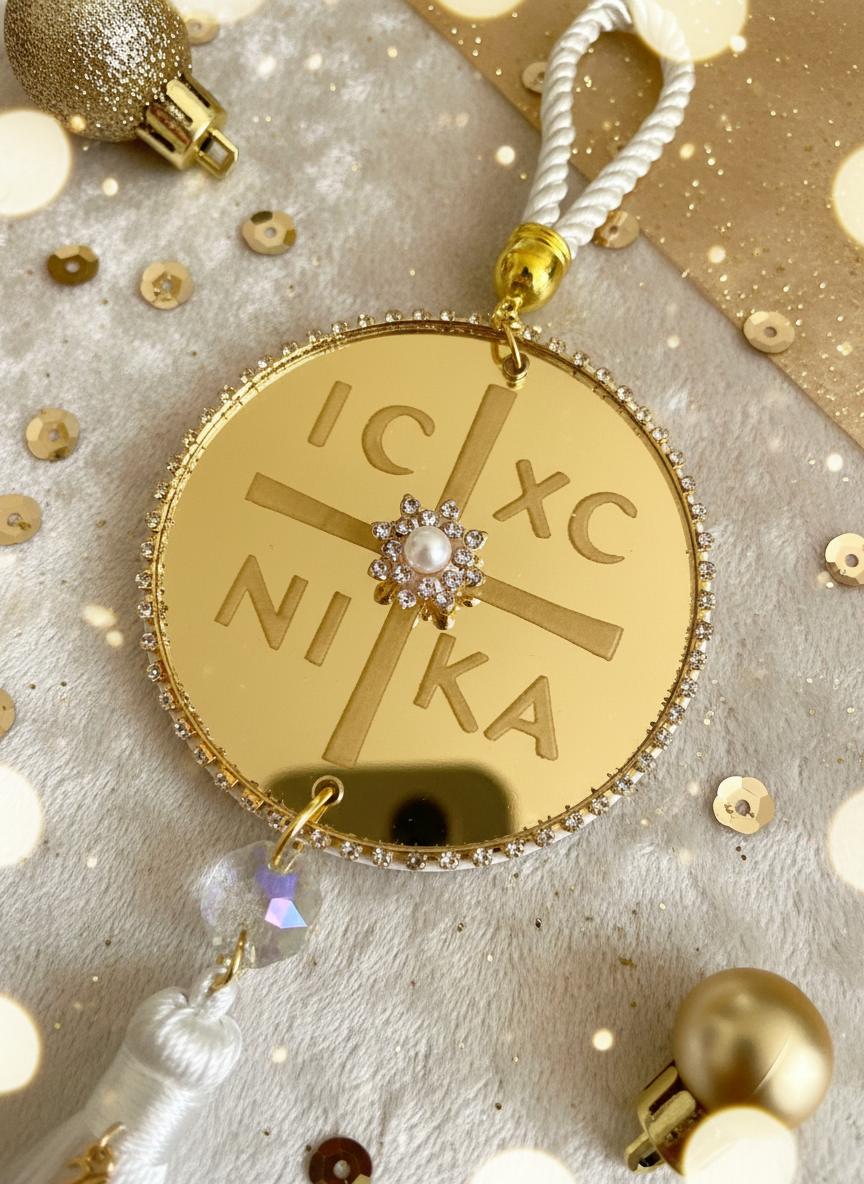 Χρυσό γούρι IC XC NIKA πάνω σε χιονισμένο flatlay με χρυσομπέζ διακοσμητικά.