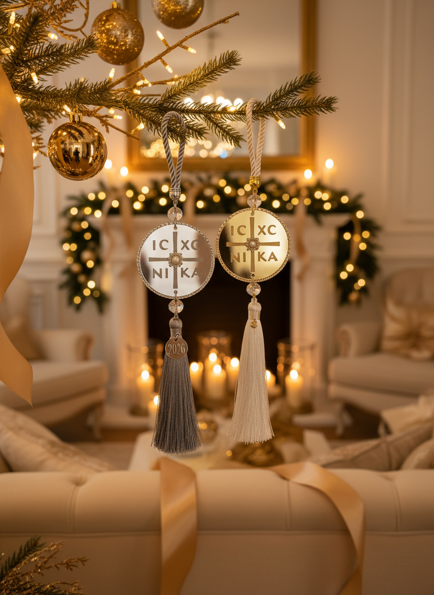 Γούρια IC XC NIKA χρυσό και ασημί τοποθετημένα σε elegant χριστουγεννιάτικη διακόσμηση σαλονιού.
