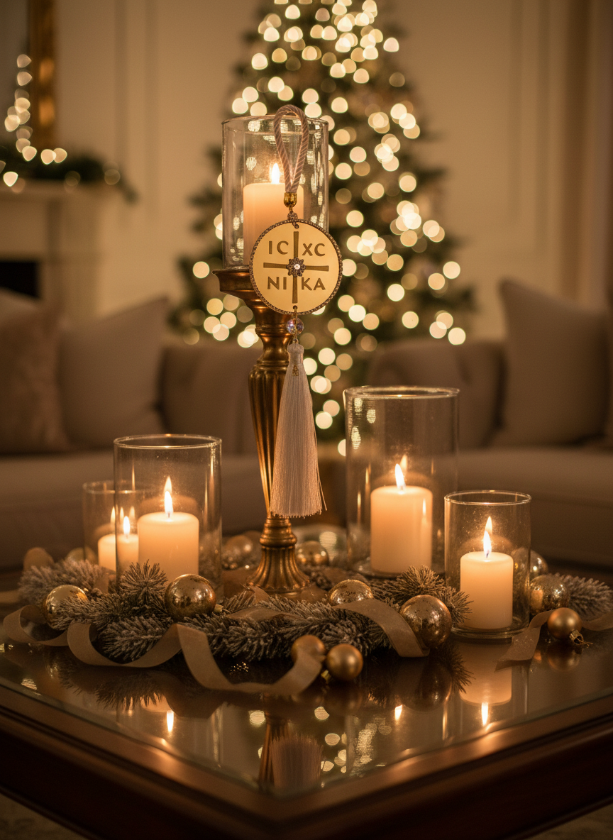 Κρεμαστό γούρι IC XC NIKA σε χριστουγεννιάτικο δέντρο με ζεστό φωτισμό.