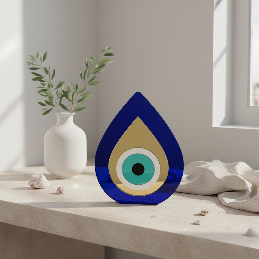 Blue and gold plexiglass teardrop evil eye ornament displayed indoors with olive branch vase.