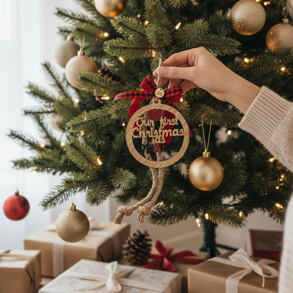 Χειροποίητο ξύλινο γούρι Our First Christmas as Mr & Mrs με κορδέλες glitter και σατέν – So Cute by Dimi