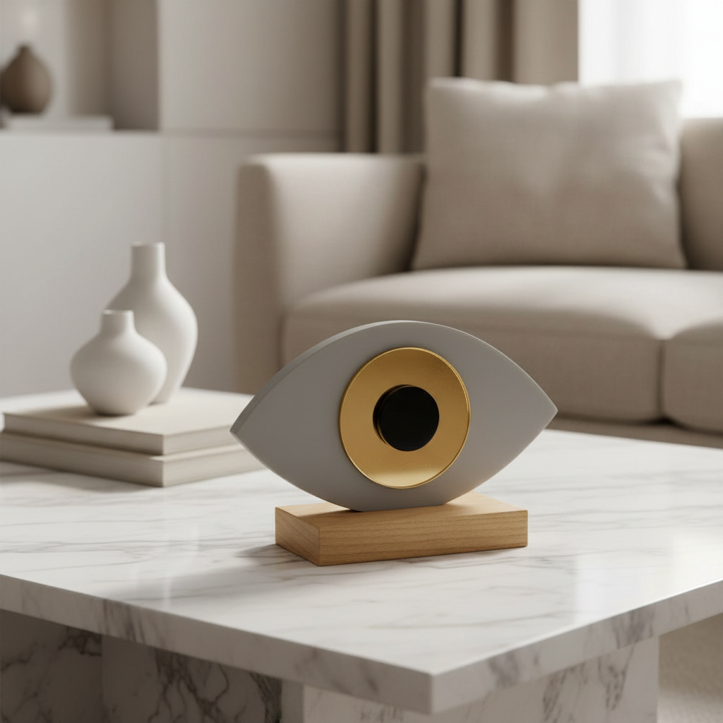 Οβάλ χειροποίητο γούρι plexiglass με μάτι και ξύλινη βάση σε γκρι χρώμα– So Cute by Dimi