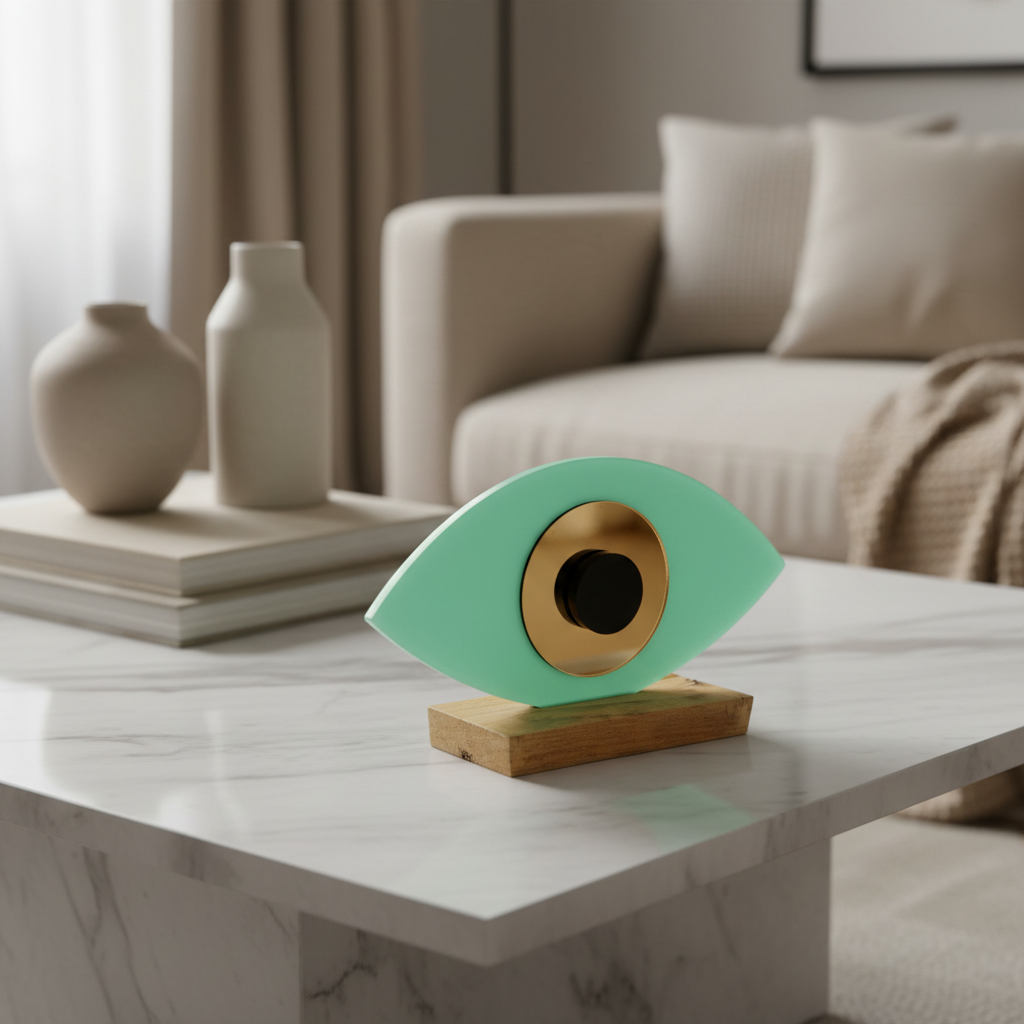 Οβάλ χειροποίητο γούρι plexiglass με μάτι και ξύλινη βάση σε χρώμα μέντα– So Cute by Dimi