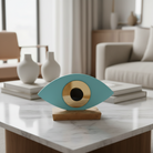 Οβάλ χειροποίητο γούρι plexiglass με μάτι και ξύλινη βάση σε γαλάζιο χρώμα – So Cute by Dimi