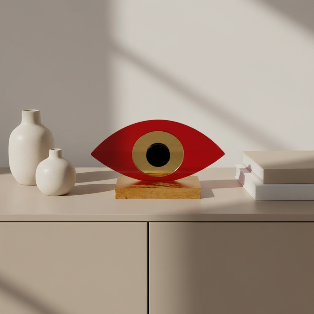 Οβάλ χειροποίητο γούρι plexiglass με μάτι και ξύλινη βάση σε κόκκινο χρώμα– So Cute by Dimi