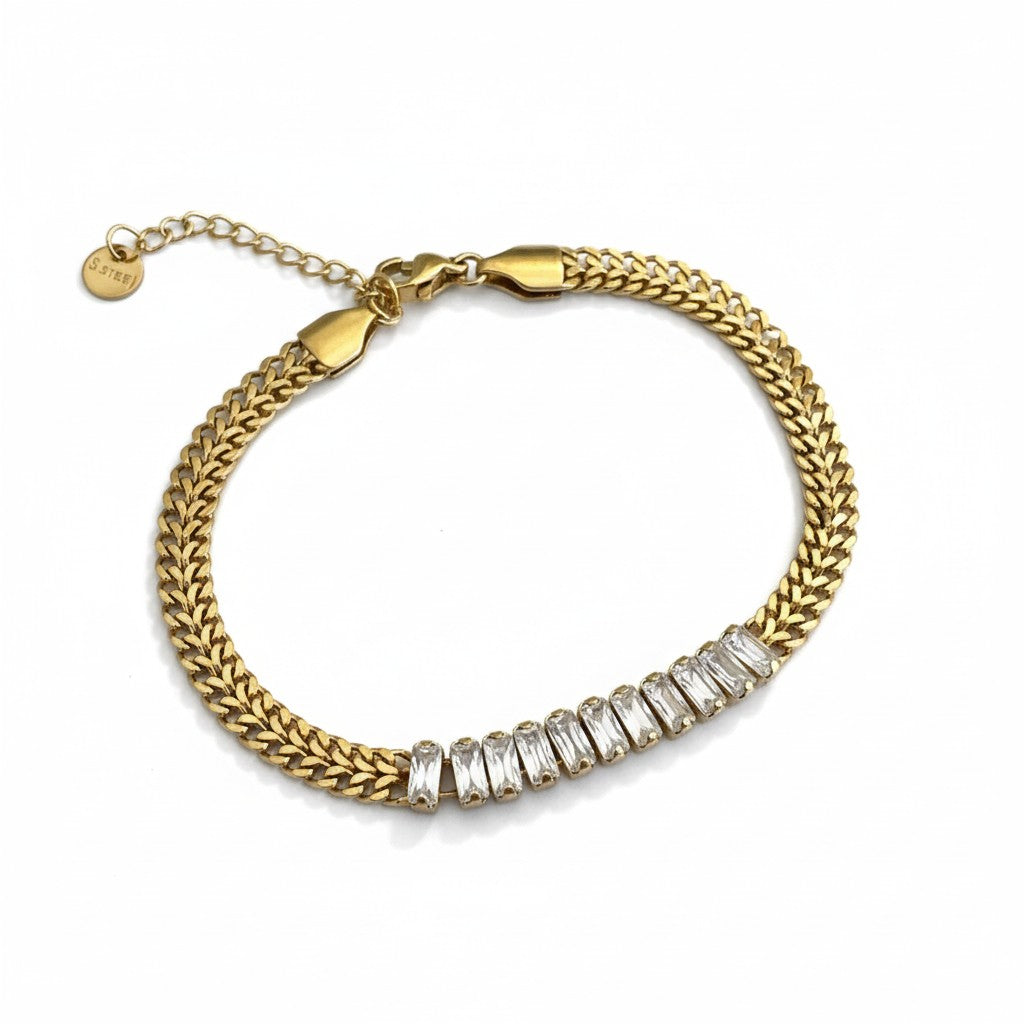 Stainless steel double-chain bracelet with baguette crystals in gold and silver – So Cute by Dimi.