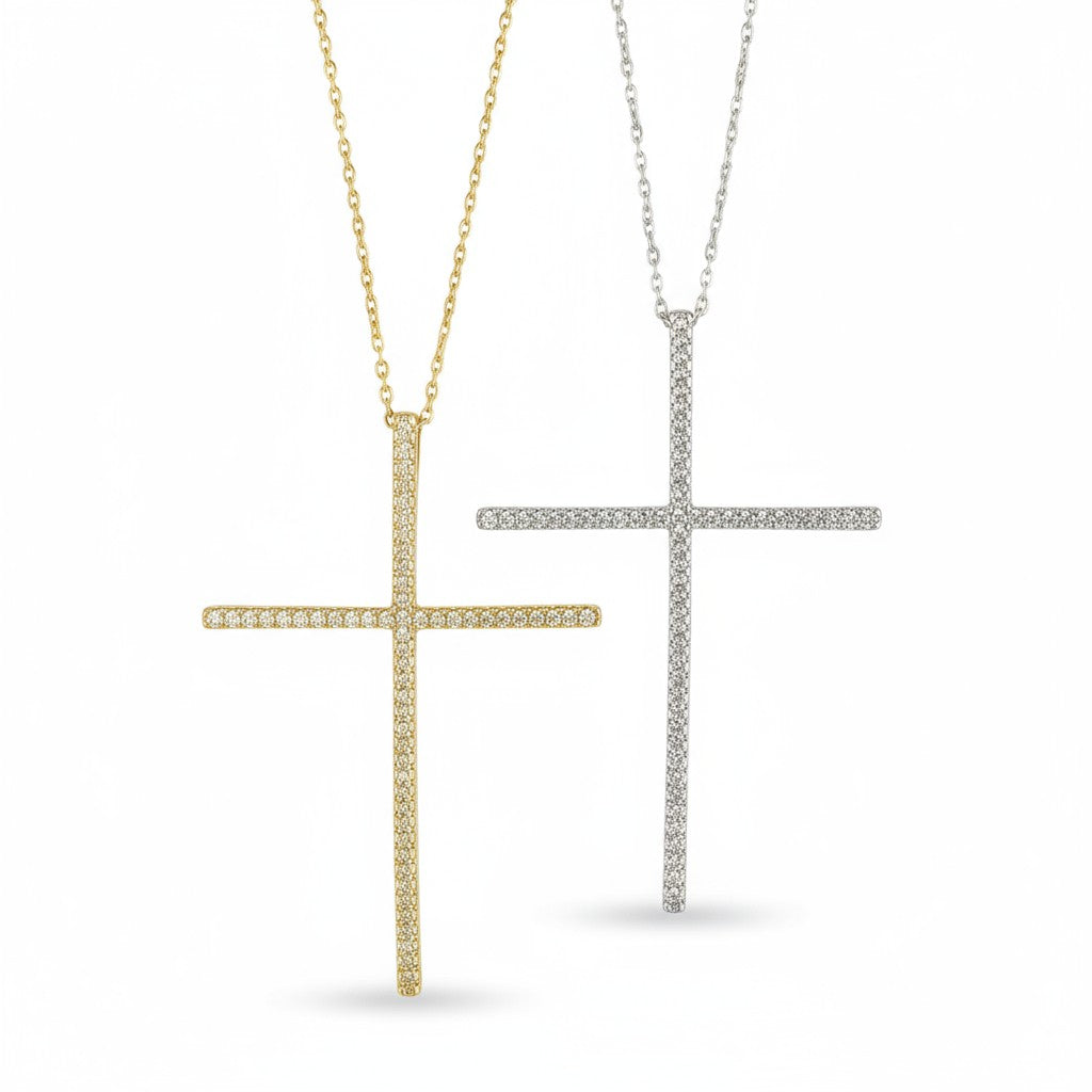 Ατσάλινο κολιέ με σταυρό 5,5×4 εκ και λευκά ζιργκόν So Cute by Dimi