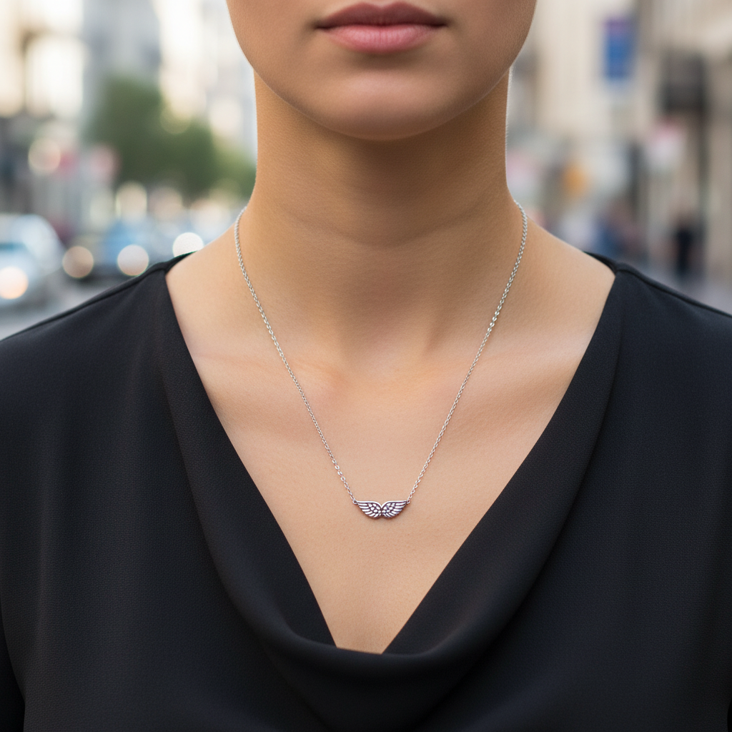 Delicate stainless steel necklace with small angel wing pendant in silver – So Cute by Dimi.