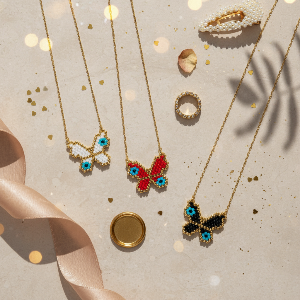 Κολιέ Butterfly Eye με πεταλούδα & μάτι από χάντρες Miyuki σε ατσάλινη αλυσίδα – So Cute by Dimi